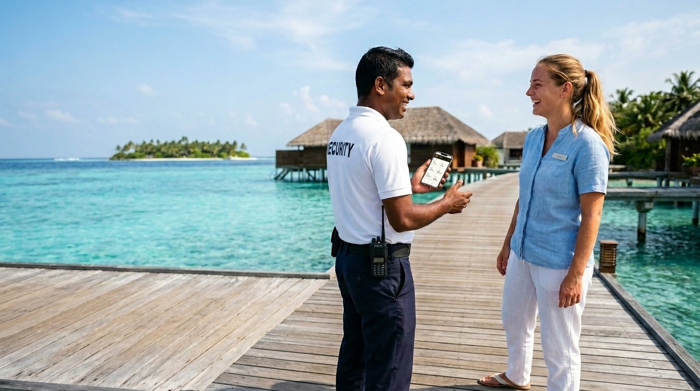 A resort security officer chatting with a colleague on the jetty, with FLOW open on his phone